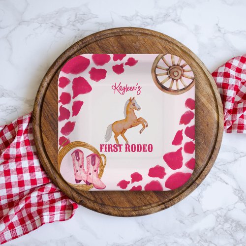 Rodeo cowgirl birthday pink cow pattern pony  paper plates