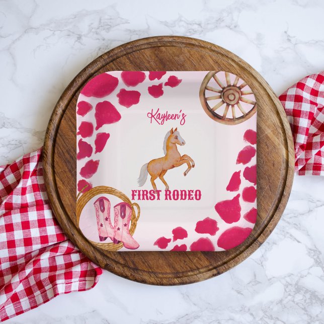 Rodeo cowgirl birthday pink cow pattern pony  paper plates (Creator Uploaded)