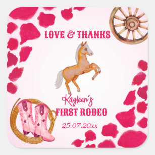 Rodeo cowgirl birthday pink cow pattern pony  square sticker