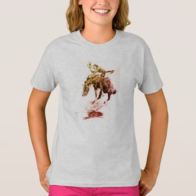 Rodeo Cowgirl (by C.M. Russell) T-Shirt (Front)