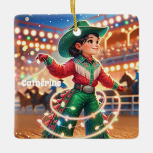 Rodeo Cowgirl Kid Twirling Christmas Lights  Ceramic Ornament