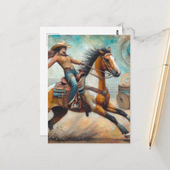 Rodeo Cowgirl on a Paint Horse Postcard (Front/Back In Situ)
