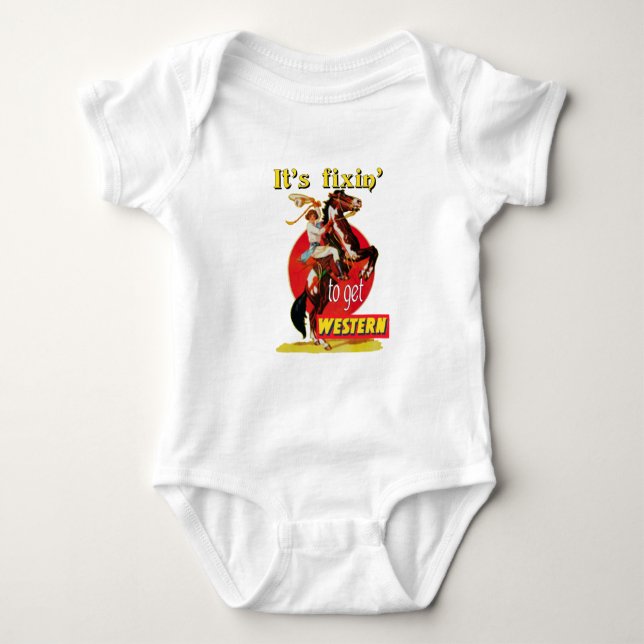 Rodeo Cowgirl On Horse Fixin to Get Western Baby Bodysuit (Front)