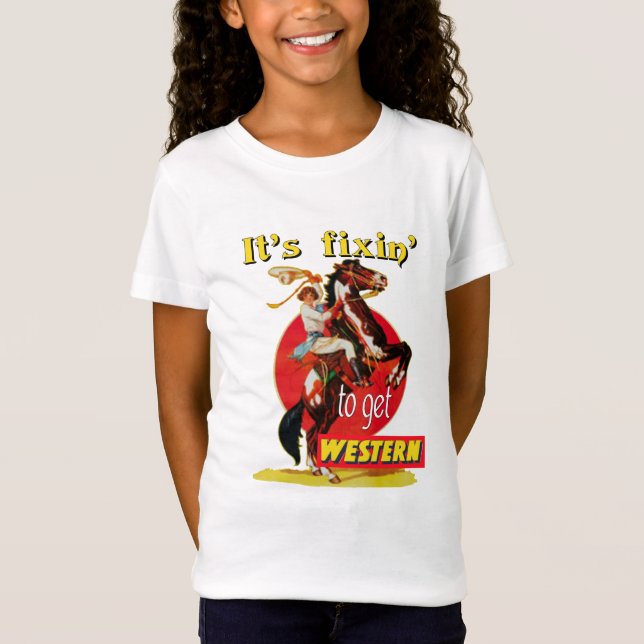 Rodeo Cowgirl On Horse Fixin to Get Western T-Shirt (Front)