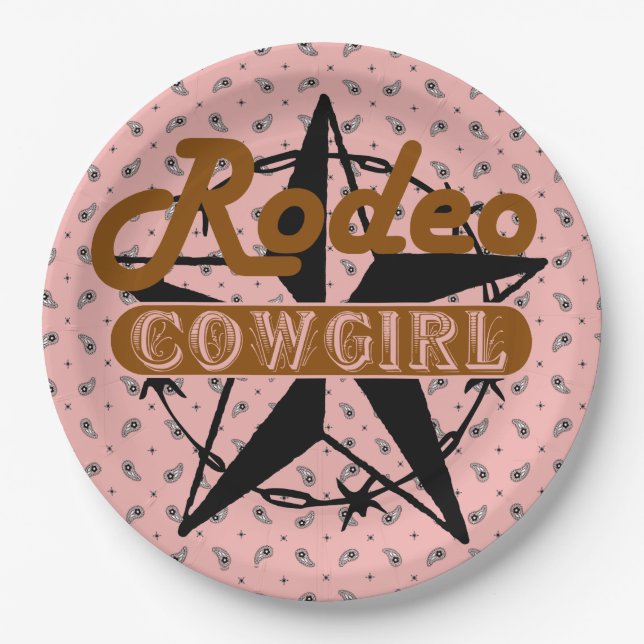 Rodeo Cowgirl Pink Bandanna Star Barbed Wire Paper Plates (Front)