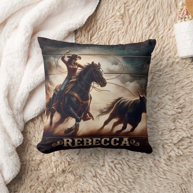 Rodeo Cowgirl Roping a Bull at Dusk Throw Pillow (Blanket)