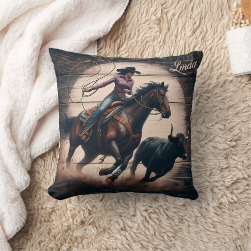 Rodeo Cowgirl Roping a Bull at Sunset Throw Pillow