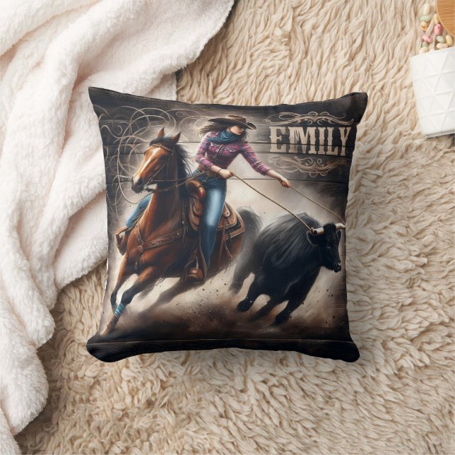 Rodeo Cowgirl Roping a Calf at Sunset Throw Pillow (Blanket)