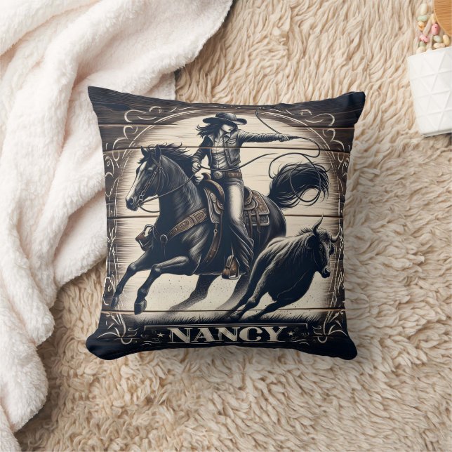 Rodeo Cowgirl Roping a Steer at Sunset Throw Pillow (Blanket)