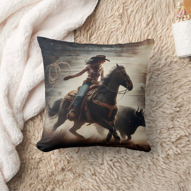 Rodeo Cowgirl Roping Bull in Dusty Arena Throw Pillow (Blanket)