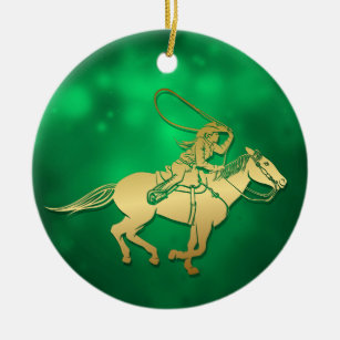 Rodeo Cowgirl Roping Ceramic Ornament