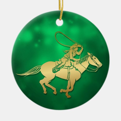 Rodeo Cowgirl Roping Ceramic Ornament