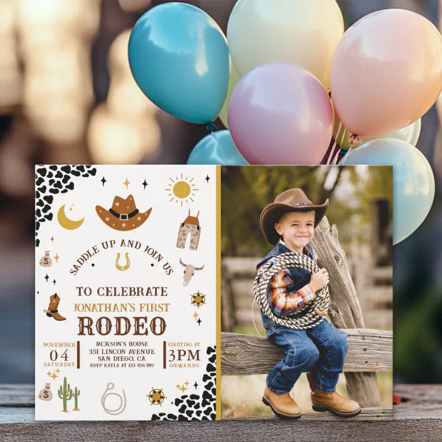 Rodeo First Birthday, Photo Cowboy Birthday Boy Invitation | Zazzle