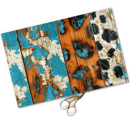 Rodeo Glam Turquoise Cowhide Print Decoupage Tissue Paper