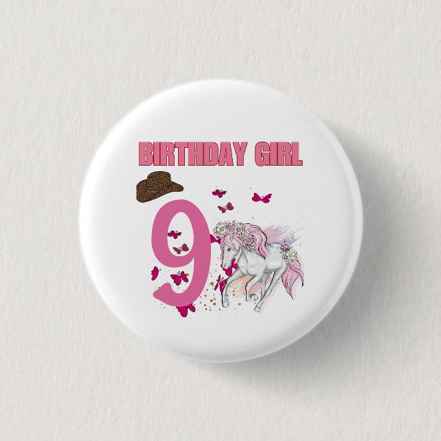Rodeo Horses Pony Flowers Birthday Party Girl  Button (Front)