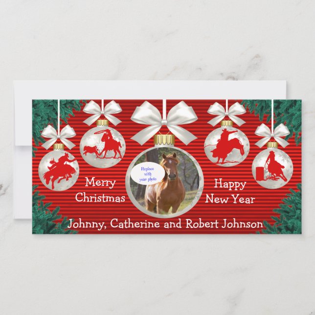Rodeo Ornaments Wreath Border Red Background Photo Holiday Card (Front)