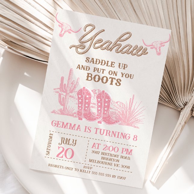Rodeo Pink Brown Western Boots Cowgirl Birthday  Invitation (Saddle Up And Put On Your Boots Birthday Invitation Template, Western Cowgirl Boots Birthday Invite)