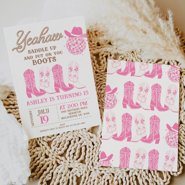 Rodeo Pink Hat Western Boots Cowgirl Birthday  Invitation (Pink Cowgirl Put One Your Boots Birthday Invitation, Western Cowgirl Boots Birthday Invitation)