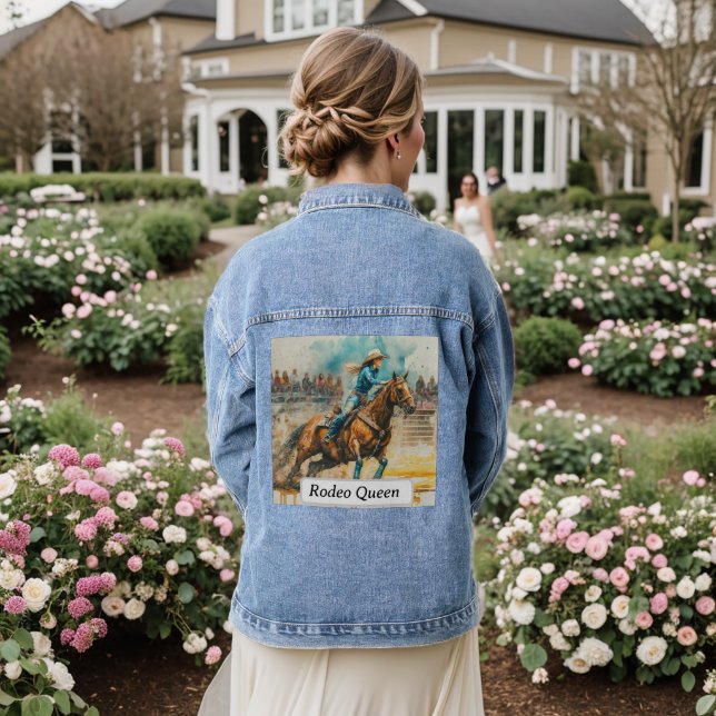 Rodeo Queen Barrel Racing Cowgirl Watercolor Denim Jacket (Wedding Back)