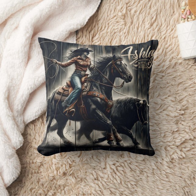 Rodeo Rider Chasing a Bull at Sunset Throw Pillow (Blanket)