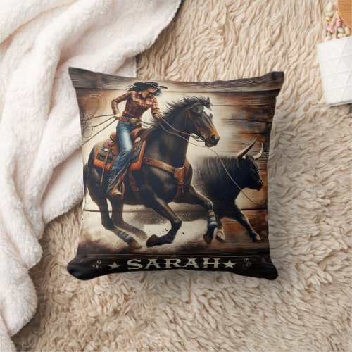 Rodeo Rider Chasing Bull at Evening Event Throw Pillow