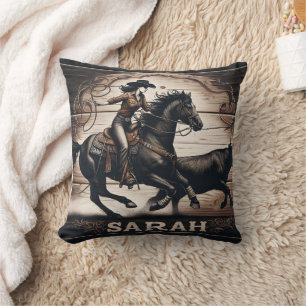 Rodeo Rider Chasing Cattle On Horseback Throw Pillow