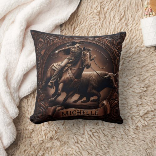 Rodeo Rider Chasing Longhorn at Sunset Throw Pillow