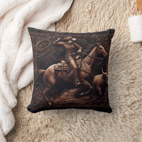 Rodeo Rider Competing With Cattle in Rustic Arena Throw Pillow