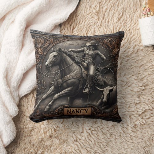 Rodeo Rider Competing With Steer at Sunset Throw Pillow