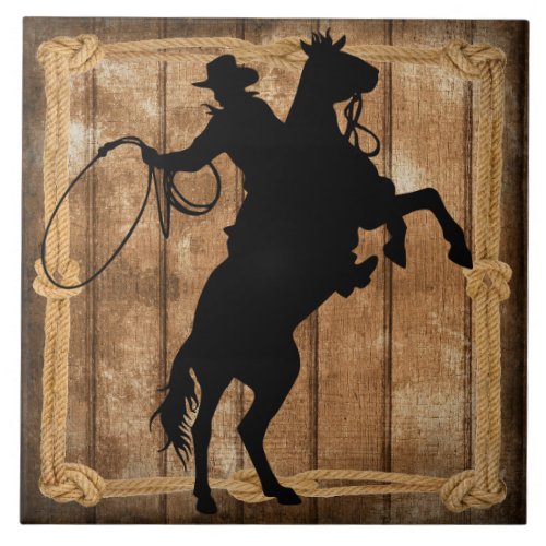 Rodeo Roping Cowboy Horse Silhouette Ceramic Tile