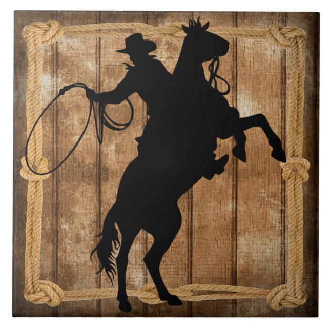 Rodeo Roping Cowboy Horse Silhouette Ceramic Tile (Front)