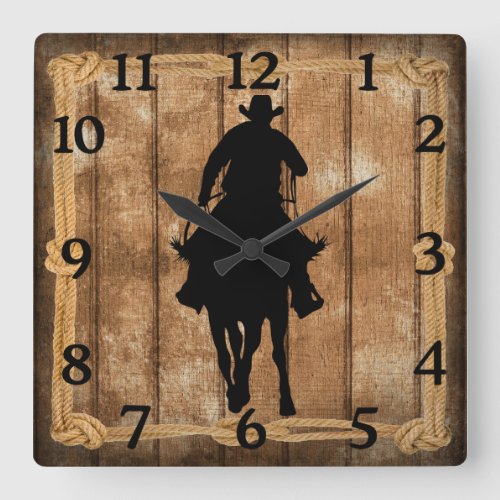 Rodeo Roping Cowboy Horse Silhouette Square Wall Clock