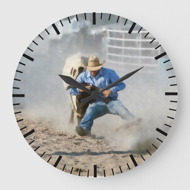 Rodeo Steer Wrestling Competition Western Large Clock (Front)