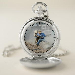 Rodeo Steer Wrestling Competition Western Men's Pocket Watch