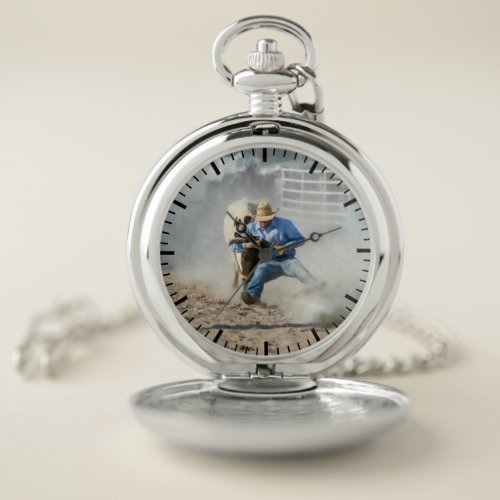 Rodeo Steer Wrestling Competition Western Mens Pocket Watch