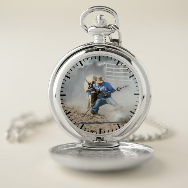 Rodeo Steer Wrestling Competition Western Men's Pocket Watch (Inside)