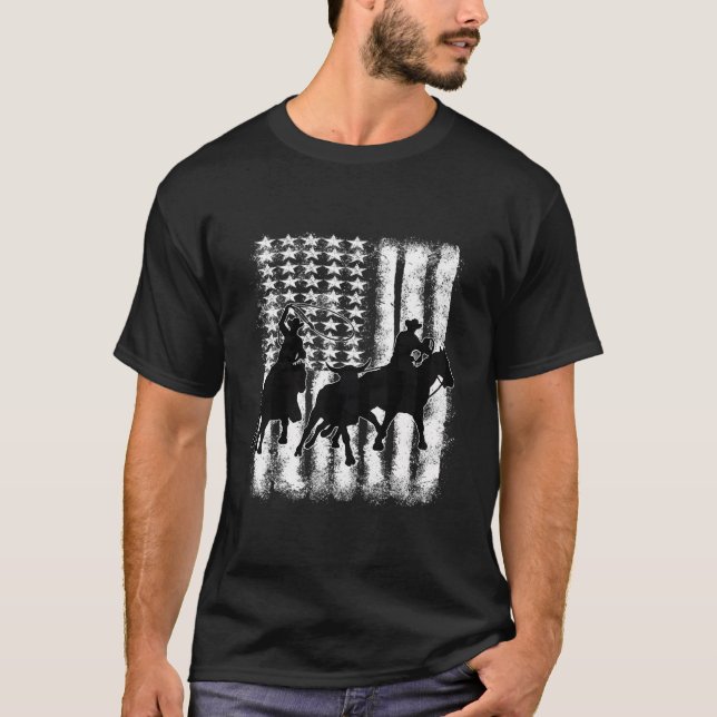 Rodeo Team Roping Distressed Grunge Cowboy T-Shirt (Front)