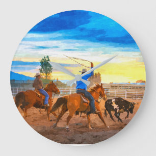 Rodeo Team Roping Sunset Corral Rustic Western  Large Clock