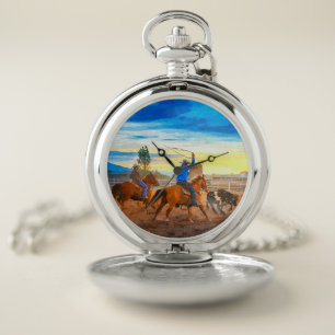 Rodeo Team Roping Sunset Corral Rustic Western Pocket Watch