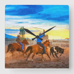 Rodeo Team Roping Sunset Corral Rustic Western Square Wall Clock