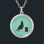 Rodeo Theme Cowgirl Barrel Racing Silhouette Silver Plated Necklace<br><div class="desc">Silhouette of an athletic cowgirl barrel racing with her horse. Exciting rodeo action illustration. Background is a mint green color. Great for rodeo fans and horse lovers.</div>