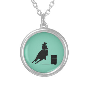 Rodeo Theme Cowgirl Barrel Racing Silhouette Silver Plated Necklace