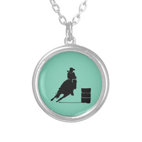 Rodeo Theme Cowgirl Barrel Racing Silhouette Silver Plated Necklace
