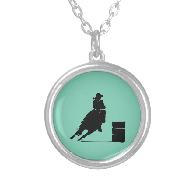 Rodeo Theme Cowgirl Barrel Racing Silhouette Silver Plated Necklace (Front)