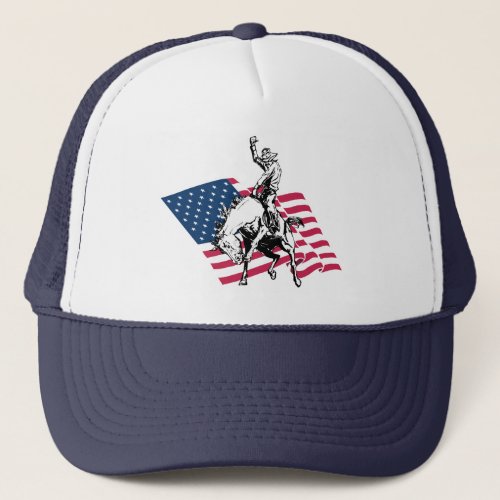 Rodeo USA _ America Cowboy Horse and flag Trucker Hat