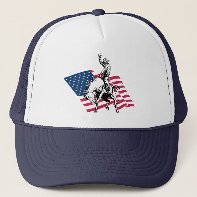 Rodeo USA - America, Cowboy Horse and flag Trucker Hat (Front)