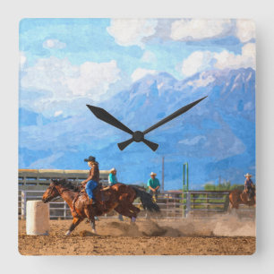 Rodeo Women's Barrel Racing Rustic Western Square Wall Clock
