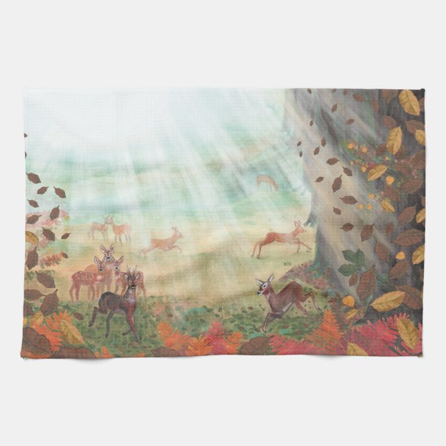 Roe Deer Capreolus capreolus in Forest Sunlight  Kitchen Towel (Horizontal)