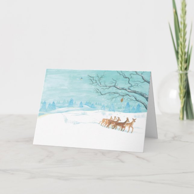 Roe Deer Group in Winter Snow Landscape Greeting Card (Front)