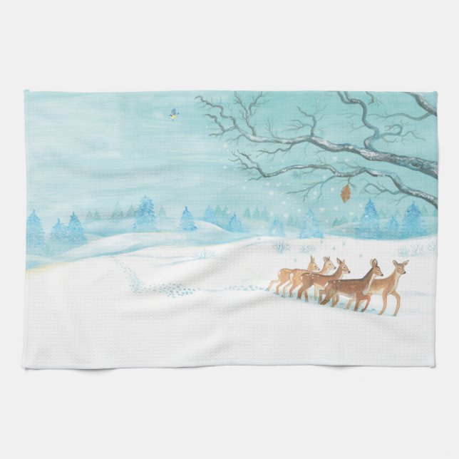 Roe Deer in the Winter Woodland Covered of Snow  Kitchen Towel (Horizontal)